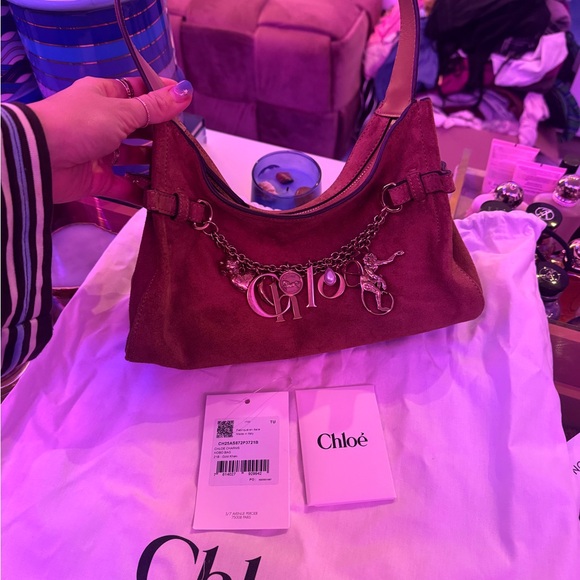 CHLOÉ Charms Camel Brown Suede Leather Gold Khaki Hobo Shoulder Bag Handbag - Picture 12 of 13